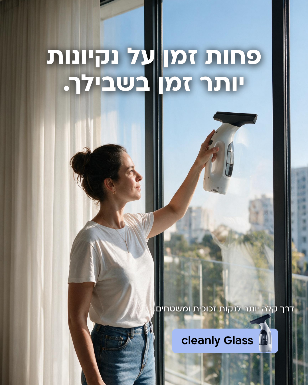 אישה מנקה חלון עם מגב החלונות החשמלי Cleanly Glass