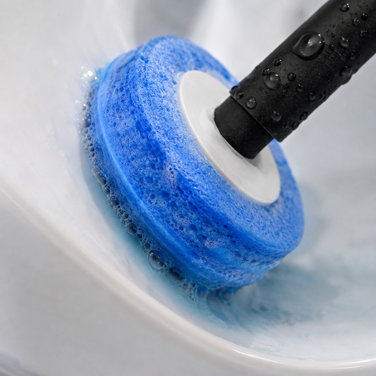 ראש הספוג של Cleanly Flush מנקה מתחת לשפת האסלה