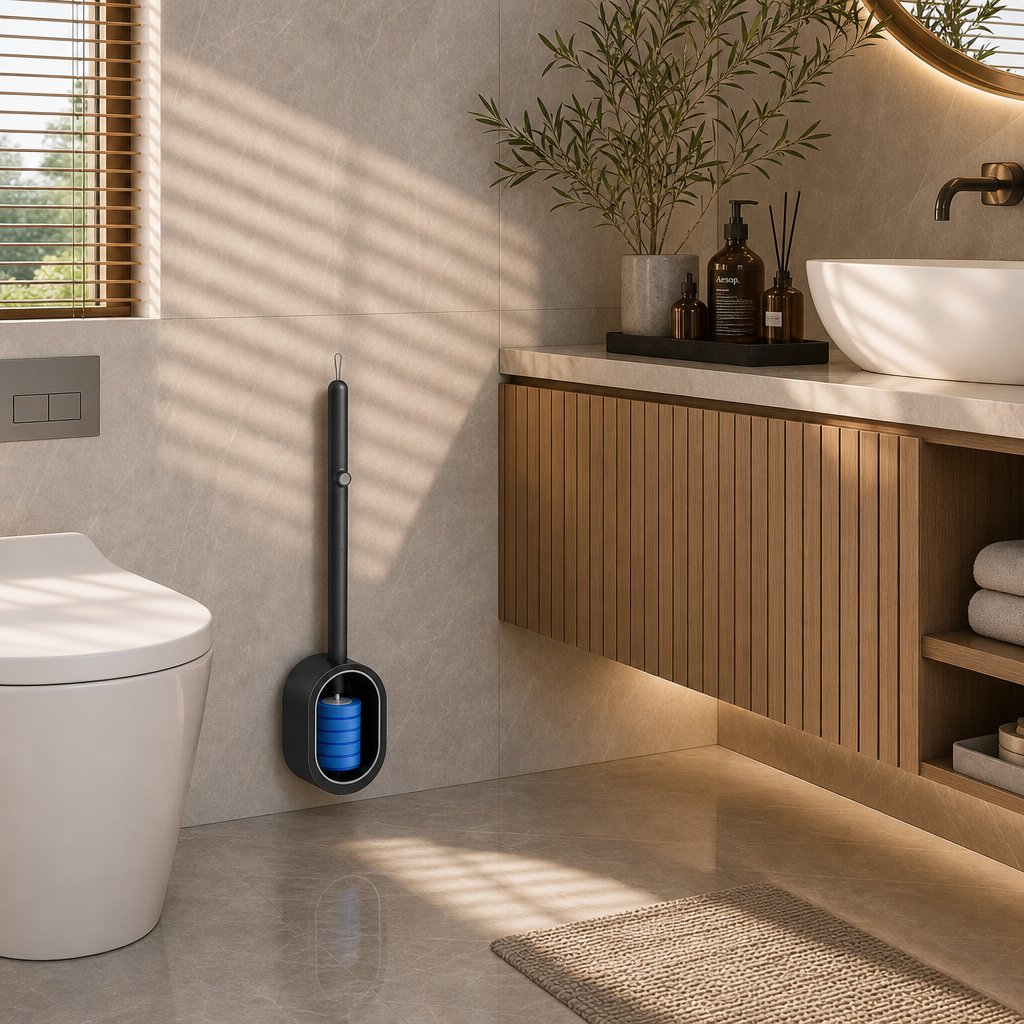 מברשת האסלה Cleanly Flush תלויה על הקיר בחדר רחצה