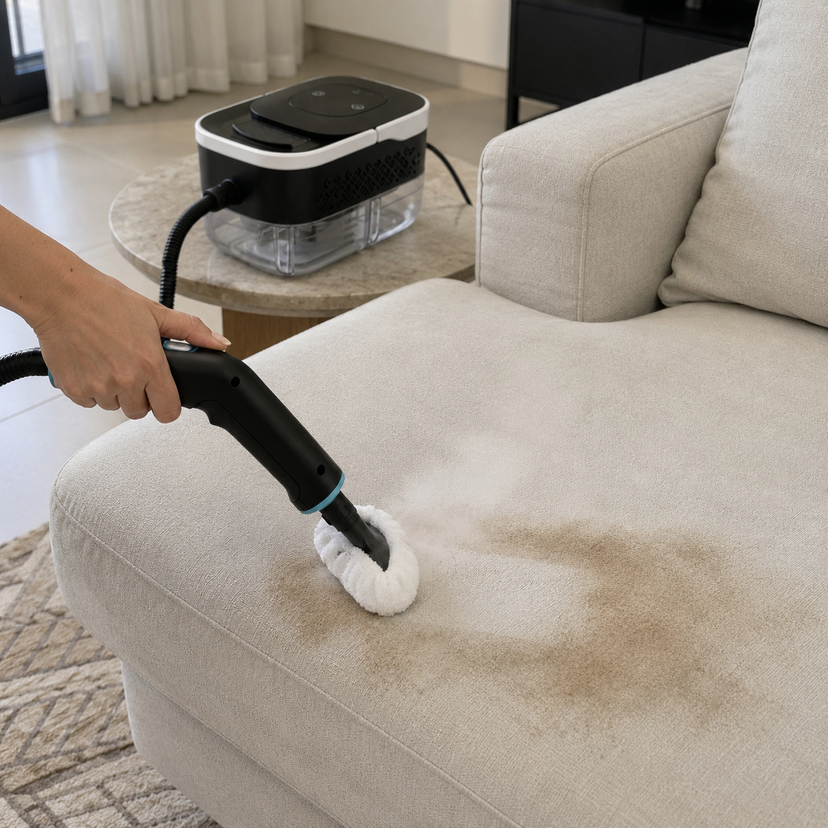 ניקוי כתם בספה בד עם קיטורית Cleanly Steam